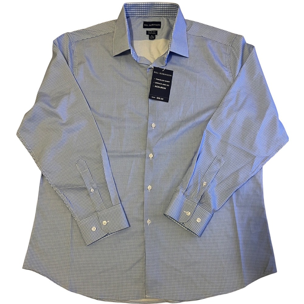 Bill Robinson Dress Shirt Mens XL Blue New Slim Fit Non-Iron Traveler‎ Gingham
